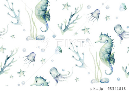 Sea Animals Blue Watercolor Ocean Seamless のイラスト素材 Sea Animals Blue Watercolor Ocean Seamless のイラスト素材