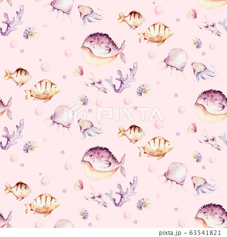 Sea Animals Blue Watercolor Ocean Seamless のイラスト素材