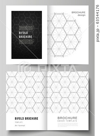 Vector layout of two A4 format modern cover mockups design templates for bifold brochure. Digital technology and big data concept with hexagons, connecting dots and lines, science medical background. 63544176
