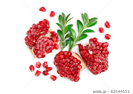 Pomegranate peaces isolated on white background with clipping path and full depth of field. Top view. Flat lay Pomegranate peaces isolated on white background with clipping path and full depth of field. Top view. Flat lay 63544551