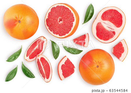 Grapefruit and slices with leaves isolated on white background. Top view. Flat lay. With clipping path and full depth of field 63544584