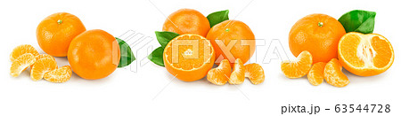 tangerine or mandarin fruit with leaves isolated on white background. Set or collection tangerine or mandarin fruit with leaves isolated on white background. Set or collection 63544728