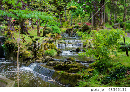 Cascade of small waterfalls in japanese garden at Cascade of small waterfalls in japanese garden at 63546131