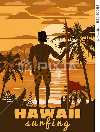 Surfer standing with surfboard on the tropical beach back view. Hawaii surfing palms ocean theme retro vintage. Vector illustration isolated template poster banner 63546262