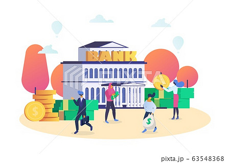 Finance and bank building with people customers and staff hold money isolated on white vector illustration. 63548368