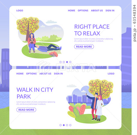 City park character right place to relax and man and woman walk web banners set flat vector illustration. 63548394