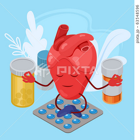 Heart support, medicines for health vector illustration. Heart meditation among treating, sedative, antidepressant drugs. Heart support, medicines for health vector illustration. Heart meditation among treating, sedative, antidepressant drugs. 63548596