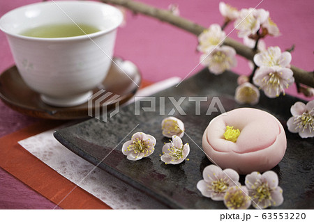 梅の花の練り切り 和菓子 日本の伝統菓子 と紅梅 2月の梅の季節 の写真素材