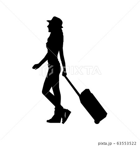 歩いている人物 歩行者 全身 横向き シルエットイラスト カバンを転がす旅行者 女性 のイラスト素材