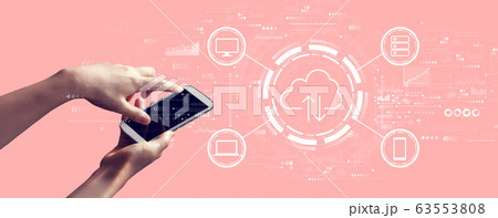 Cloud computing with person holding smartphone Cloud computing with person holding smartphone 63553808