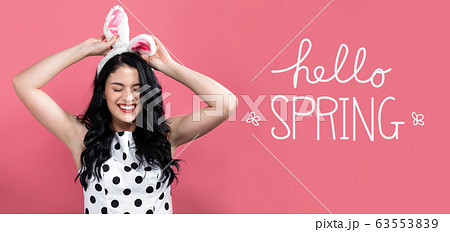 Hello spring message with woman with Easter theme 63553839