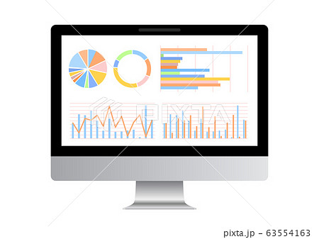 グラフ資料をモニターに表示したデスクトップパソコン白背景のイラスト素材