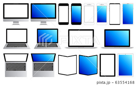 コピースペースのあるデスクトップ ノートパソコン スマホ タブレットセット白背景のイラスト素材