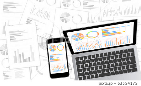 グラフ資料をモニターに表示したデスクトップ ノートパソコン スマホセット白黒資料背景のイラスト素材