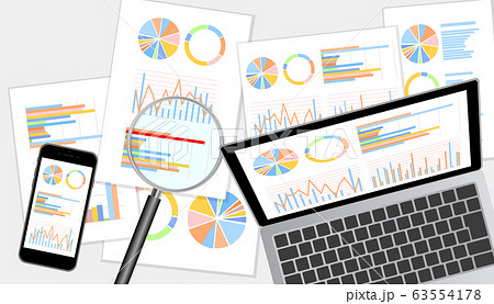 グラフ資料をモニターに表示したノートパソコン・スマホ・虫眼鏡セットグレー背景 63554178