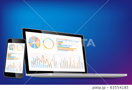 ノートパソコンとスマホ グラフ資料 3d立体青色背景のイラスト素材
