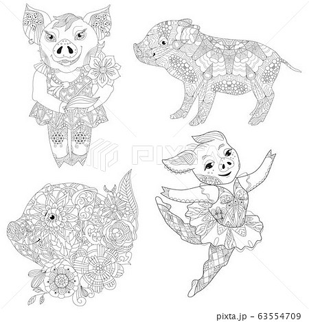 Set of pigs with flowers coloring book for adults 63554709