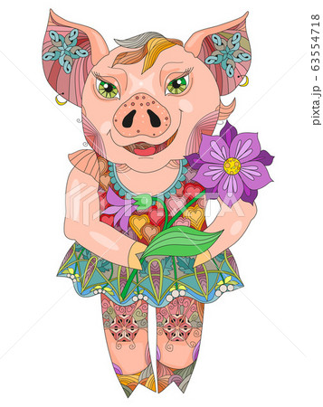 Zentangle drawing pig with flower for decoration Zentangle drawing pig with flower for decoration 63554718