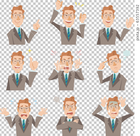 Bust up businessman wearing suit and glasses, 9 different expressions Bust up businessman wearing suit and glasses, 9 different expressions 63557392