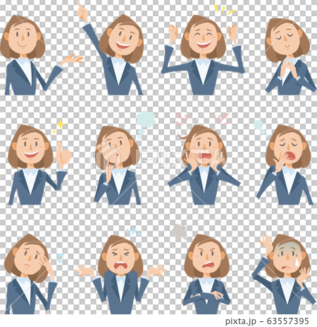 Bust up woman in suit, 12 different facial expressions 63557395