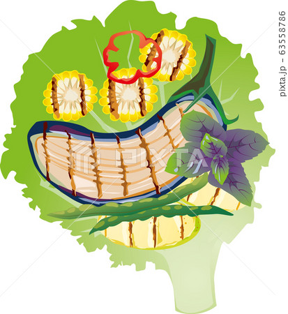 Grilled vegetables on a lettuce leaf, vector 63558786