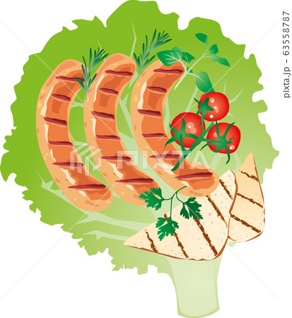 bright juicy grilled sausage on a lettuce leaf 63558787