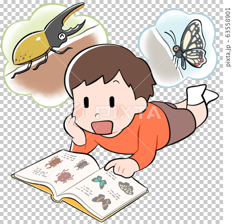 昆虫図鑑を読む子供 63558901