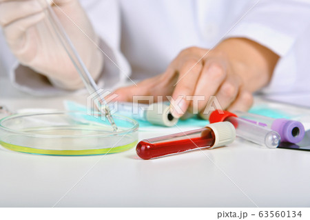 Blood examination testing in hospital laboratory. 63560134