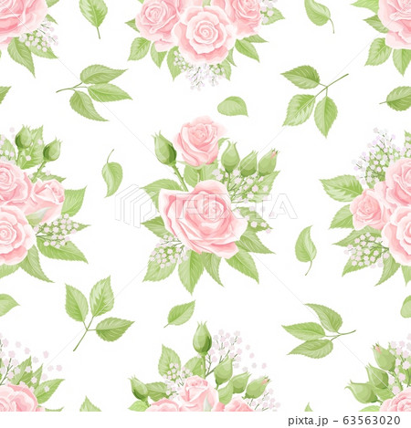 Colorful rose flowers seamless pattern. Floral botanical texture, designer  paper with hand drawn pink flower, green leaves and foliage on warm pastel  pink background. Vintage style wallpaper Stock Illustration