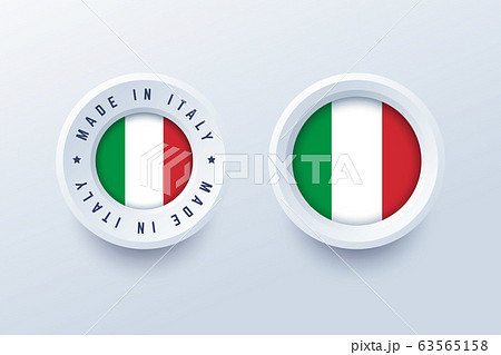 Made in Italy round label, badge, button, sticker with Italian national flag. 63565158