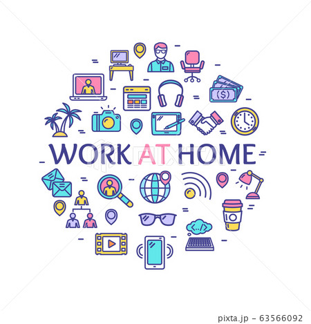 Work at Home Signs Round Design Template Thin Line Icon Concept. Vector 63566092