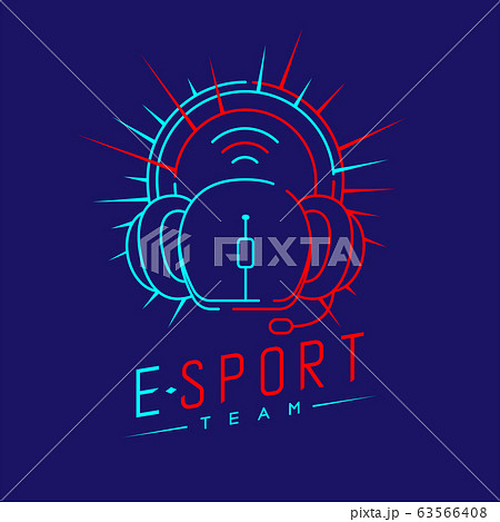 Esport streamer logo icon outline stroke, Mouse gaming gear with headphones, microphone and radius design illustration isolated on dark blue background with Esport Team text and copy space, vector eps 63566408