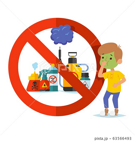 Poison for insect, pests control, character man sick, sign ban isolated on white, flat icon vector illustration. Design toxin for poster. 63566493