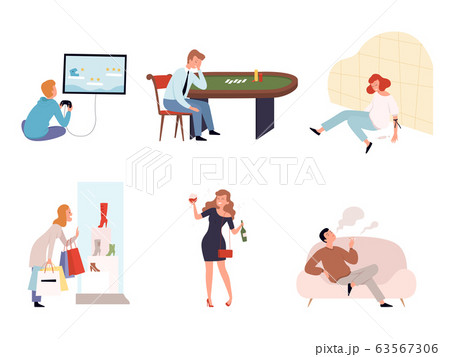 People addicts. Casino gamers, alcoholics, drug addicts, dependence from social services vector characters 63567306