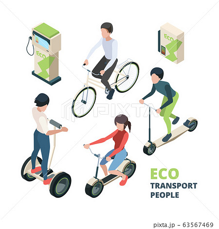 ECO transport people. 3D bicycle electric car urban vehicle bike segway vector isometric illustrations 63567469
