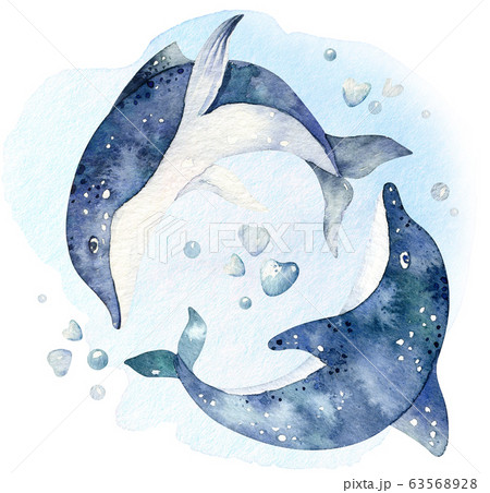 Set of sea animals. Blue watercolor ocean fish, turtle, whale and coral. Shell aquarium background. Nautical wildlife dolphin marine illustration, jellyfish, starfish 63568928