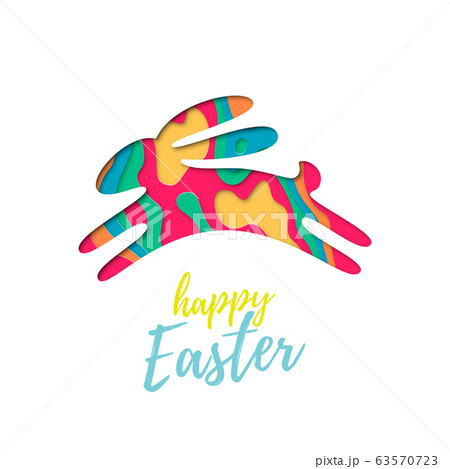 Vector Easter bunny of colored paper cut in jump. 63570723