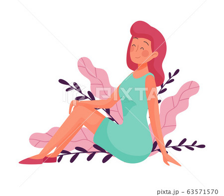 Happy Girl Sitting and Posing Near Botanical Plants Vector Illustration 63571570