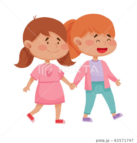 Little Red Cheeked Girls Holding Hands Vector Illustration 63571747
