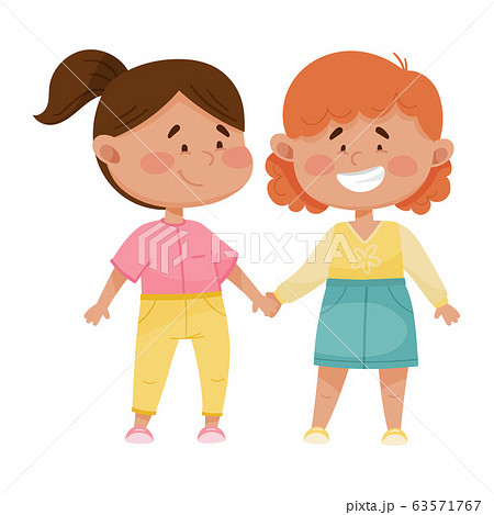 Little Red Cheeked Girls Holding Hands Vector Illustration 63571767