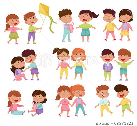 Friendly Little Kids Holding Hands and Cheering Up Each Other Vector Illustrations Set Friendly Little Kids Holding Hands and Cheering Up Each Other Vector Illustrations Set 63571823