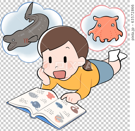 深海魚図鑑を読む子供のイラスト素材