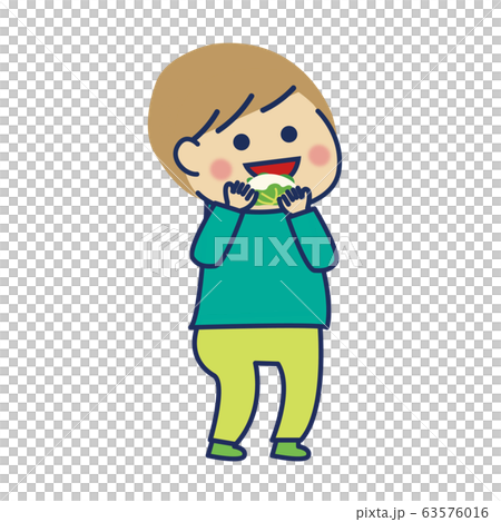 A boy eating Kashiwa Mochi facing right 63576016