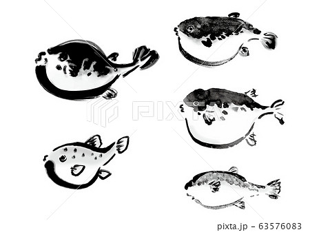 線画 白黒 モノクロ 単色 生物のイラスト 魚 魚介類 フグ集合 河豚集合 ふぐ集合 のイラスト素材