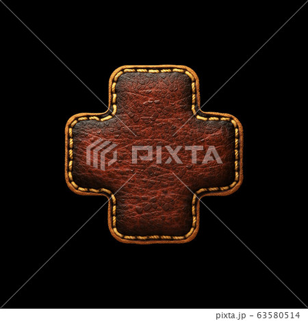 Symbol plus made of leather. 3D render font with skin texture on black background. Symbol plus made of leather. 3D render font with skin texture on black background. 63580514