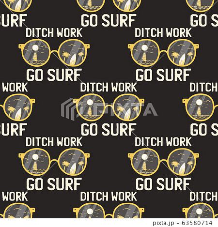 Surfing adventure seamless pattern with surfboard and waves scene labels badges. Ditch work go surf t-shirt text. Summer wallpaper background. Stock vector 63580714