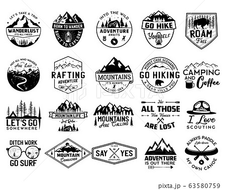 Vintage camp logo bundle, mountain badges set. Hand drawn labels designs. Travel expedition, canoe, wanderlust and hiking. Outdoor emblems. Logotypes collection. Stock vector isolated on white 63580759