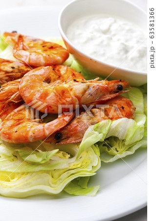 still lfe of grilled shrimps with garlic dip still lfe of grilled shrimps with garlic dip 63581366