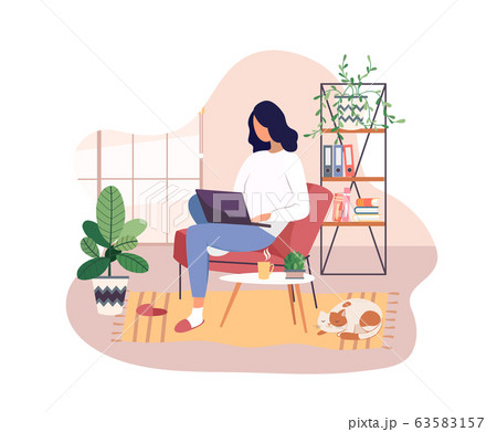 Freelancer working on laptop at home, remote job. Freelancer working on laptop at home, remote job. 63583157