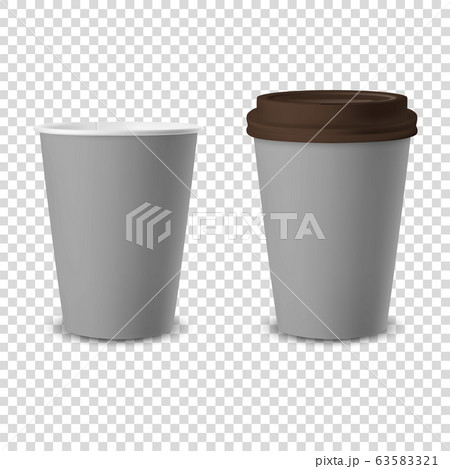 Vector 3d Realistic Gray Disposable Opened and Closed with Brown Lid Paper, Plastic Coffee Cup for Drinks Icon Set Closeup Isolated on Transparent Background. Design Template, Mockup. Front View 63583321
